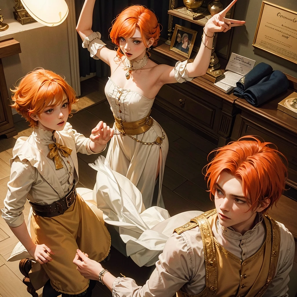 Fantasy prince orange hair and victorian beige clothes green eyes delicate scottish Effeminate dancing alone