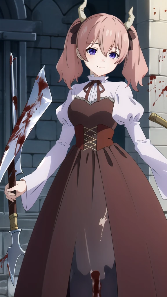 line eye,One girl,alone,Short Twin Tails,Hair between the eyes,Pink Hair,Medium Hair,Devil horns,Dark red hair ribbon,Pointed Ears,Purple eyes,smile,
Ruffled shirt collar,Dark red choker,White frill shirt,Juliet Sleeve,Long sleeve,Dark red neck ribbon,Dark red dress,White ruffle dress,White layered dress,Brown corset,Striped pantyhose,
Mary Jane,Outdoor,, Amazing visuals, High resolution,masterpiece,Highest quality,Amazing visuals,High resolution,masterpiece,Highest quality,18-year-old,young woman,Beautiful fingers,Beautiful long legs,Beautiful body,Beautiful character design,The perfect battle axe, Double-edged axe, Has an axe):5.8, Medieval castle, palace, Advanced CG, Great quality, Octane Rendering, (((Bloodstain))).