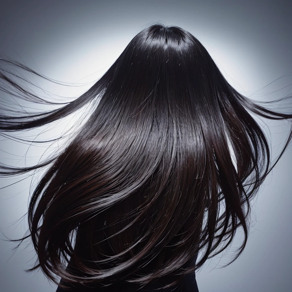 High quality, real photo, Japanese, black hair, shiny, beauty salon commercial, constant light intensity, only hair swaying, hair swaying in the wind, back view, silver background, hair length the same, only hair