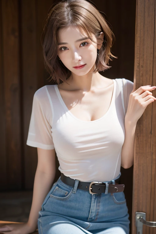 One Mature Woman、50 year old mature woman、large chest of rounded shape,,、Troubled face、Wet white t-shirt and jeans、、Light brown hair、Elegant hairstyle、Black-eyed woman、A woman with a cute upward gaze、Tight clothing that shows your body lines、Leather Belt、Long Skirt、Wear elegant clothes、Luxury Bagedium Shorthair:1.4））、The sun shines on her、彼女のAmple breastsは服の上からでも明らかです、Luxury Leather Belts、Shiny clothes、Light beige hair color、Background Blur、Braid only the front hair、Light brown hair、｛｛Cowgirl Shot｝｝、（（Close-up shot from the waist up、Ample breasts:1.4））、Smiling face、Silk clothing、服からでも分かるAmple breasts、Braid only the front hair、Cowboy Shot、Full body photo、Highly detailed photos、(8K、RAW Photos、Highest quality、masterpiece:1.2)、(Realistic、Realistic)、1 Girl、((Medium Short Hair、Looking into the camera:1.4))、Hair blowing in the wind