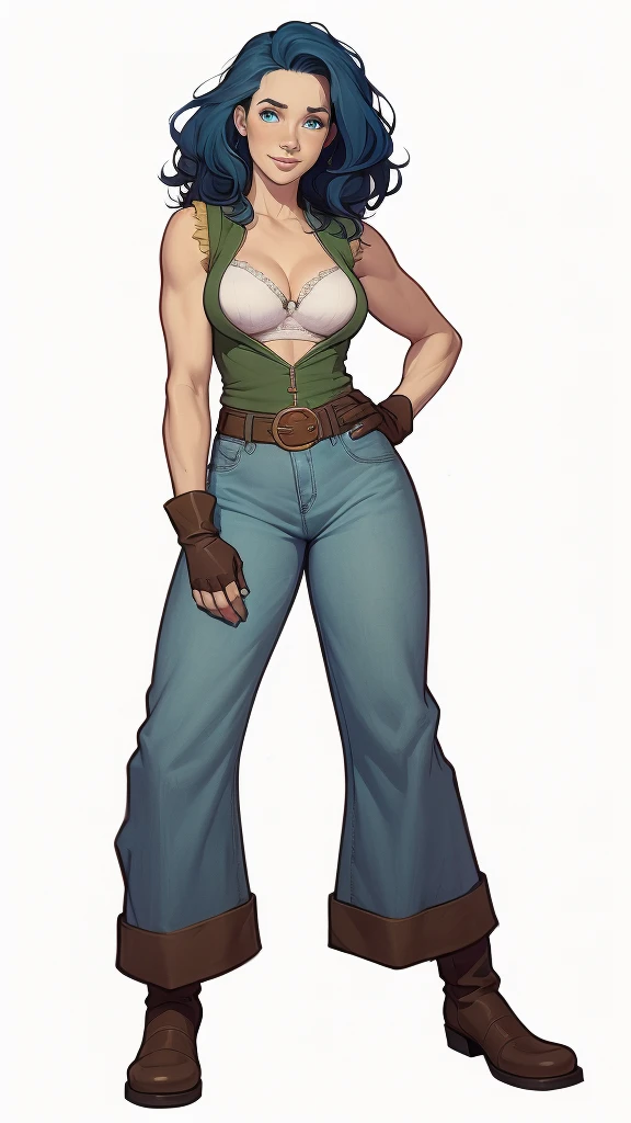 (cartoon style:1.2), Drawings of (Ginevra Molly Weasley), he used to smile, perfect green eyes, face detailed, White background, fun pose, seducing gaze,Full body wearing the Sanserina uniform, beautiful medium breasts and wonderful body cartoon style digital illustration. Wearing pantiesJennifer Connelly , , white bra, green vest, sleeveless, へそ, blue jeans, Brown boots, gloves fingerless, short gloves, slightly-smile, shorth hair, wavy hair, parted bangs, blue colored eyes, wart under the right eye, old american west, sunny desert background, waist belt, best quality, Obra de arte Jennifer Connelly