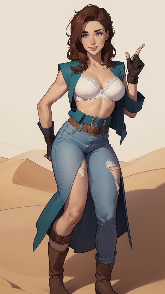 (cartoon style:1.2), Drawings of (Ginevra Molly Weasley), he used to smile, perfect green eyes, face detailed, White background, fun pose, seducing gaze,Full body wearing the Sanserina uniform, beautiful medium breasts and wonderful body cartoon style digital illustration. Wearing pantiesJennifer Connelly , , white bra, green vest, sleeveless, へそ, blue jeans, Brown boots, gloves fingerless, short gloves, slightly-smile, shorth hair, wavy hair, parted bangs, blue colored eyes, wart under the right eye, old american west, sunny desert background, waist belt, best quality, Obra de arte Jennifer Connelly