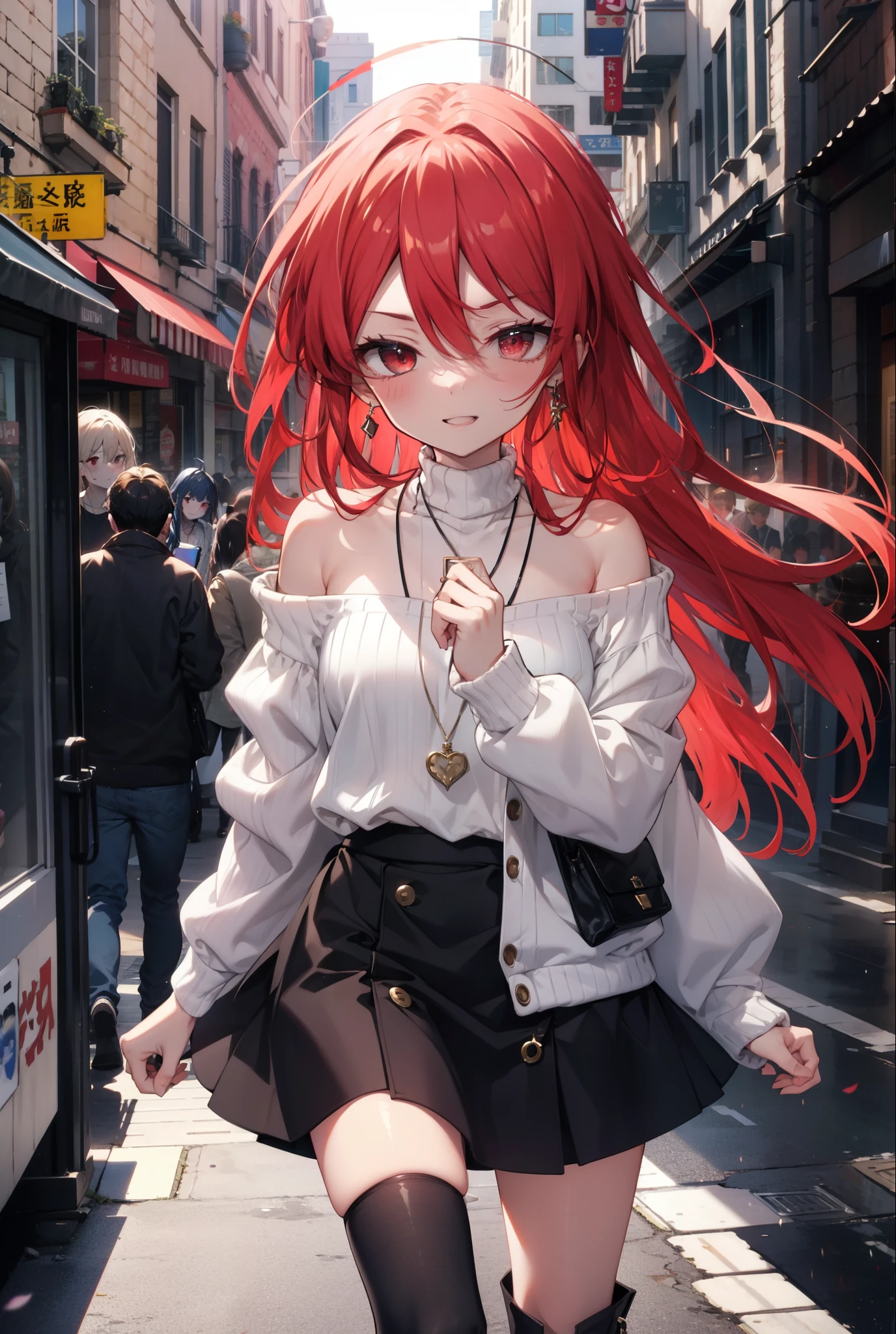 Shana,灼眼のShana,Long Hair, Red Hair, Red eyes,Ahoge,happy smile, smile, Open your mouth,Oversized off-the-shoulder sweater,Bare shoulders,bare clavicle,Bare neck,Locket Necklace,black long skirt,short boots,Daytime,sunny,Walking,whole bodyがイラストに入るように, break outdoors, Building district, break looking at viewer, whole body, break (masterpiece:1.2), Highest quality, High resolution, unity 8k wallpaper, (shape:0.8), (Beautiful attention to detail:1.6), Highly detailed face, Perfect lighting, Highly detailed CG, (Perfect hands, Perfect Anatomy),