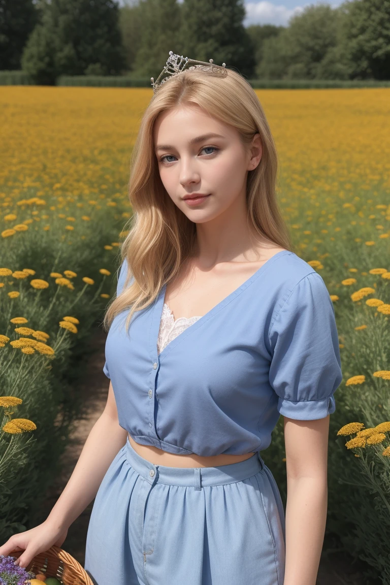 (fille:1.2),seul, (cheveux blonds longs et bouclés:1.1), yeux bleus, Portez une couronne de marguerites sur votre tête., debout dans un champ de marguerites, (Fruit de basket-ball:1.1), jean bleu clair, chemise à manches longues, nombril, Torse exposé, abdomen, diaphragme,brut,photographique,photographique shadows,réel,ridicule,esthétique,élégant
