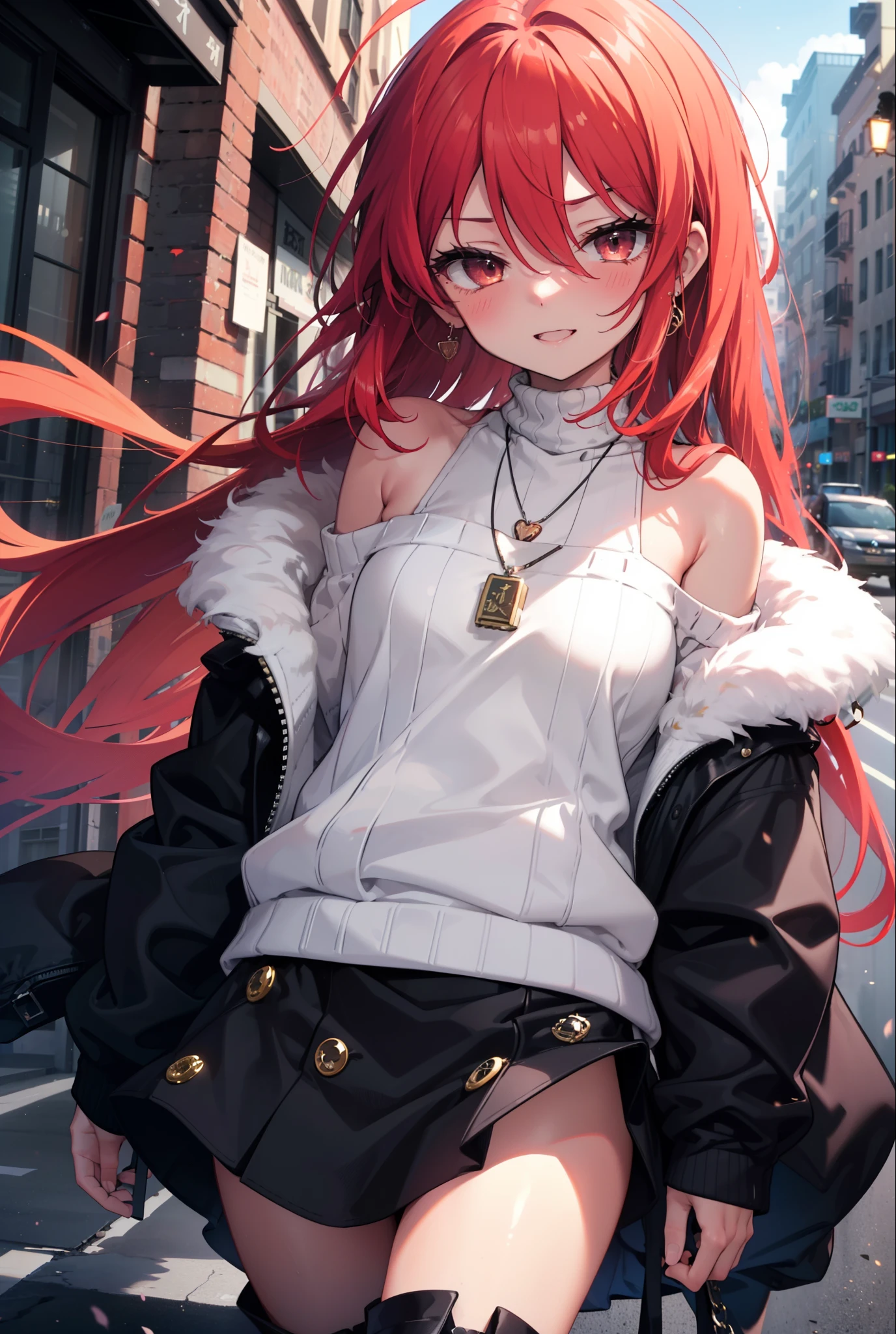 Shana,灼眼のShana,Long Hair, Red Hair, Red eyes,Ahoge,happy smile, smile, Open your mouth,Oversized off-the-shoulder sweater,Bare shoulders,bare clavicle,Bare neck,Locket Necklace,black long skirt,short boots,Daytime,sunny,Walking,whole bodyがイラストに入るように, break outdoors, Building district, break looking at viewer, whole body, break (masterpiece:1.2), Highest quality, High resolution, unity 8k wallpaper, (shape:0.8), (Beautiful attention to detail:1.6), Highly detailed face, Perfect lighting, Highly detailed CG, (Perfect hands, Perfect Anatomy),