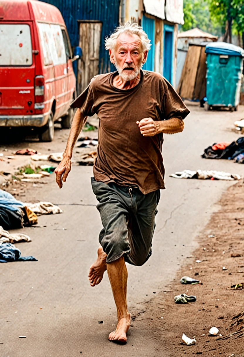 1 homeless old white man running, with brown t-shirt in rags, barefoot, in hell