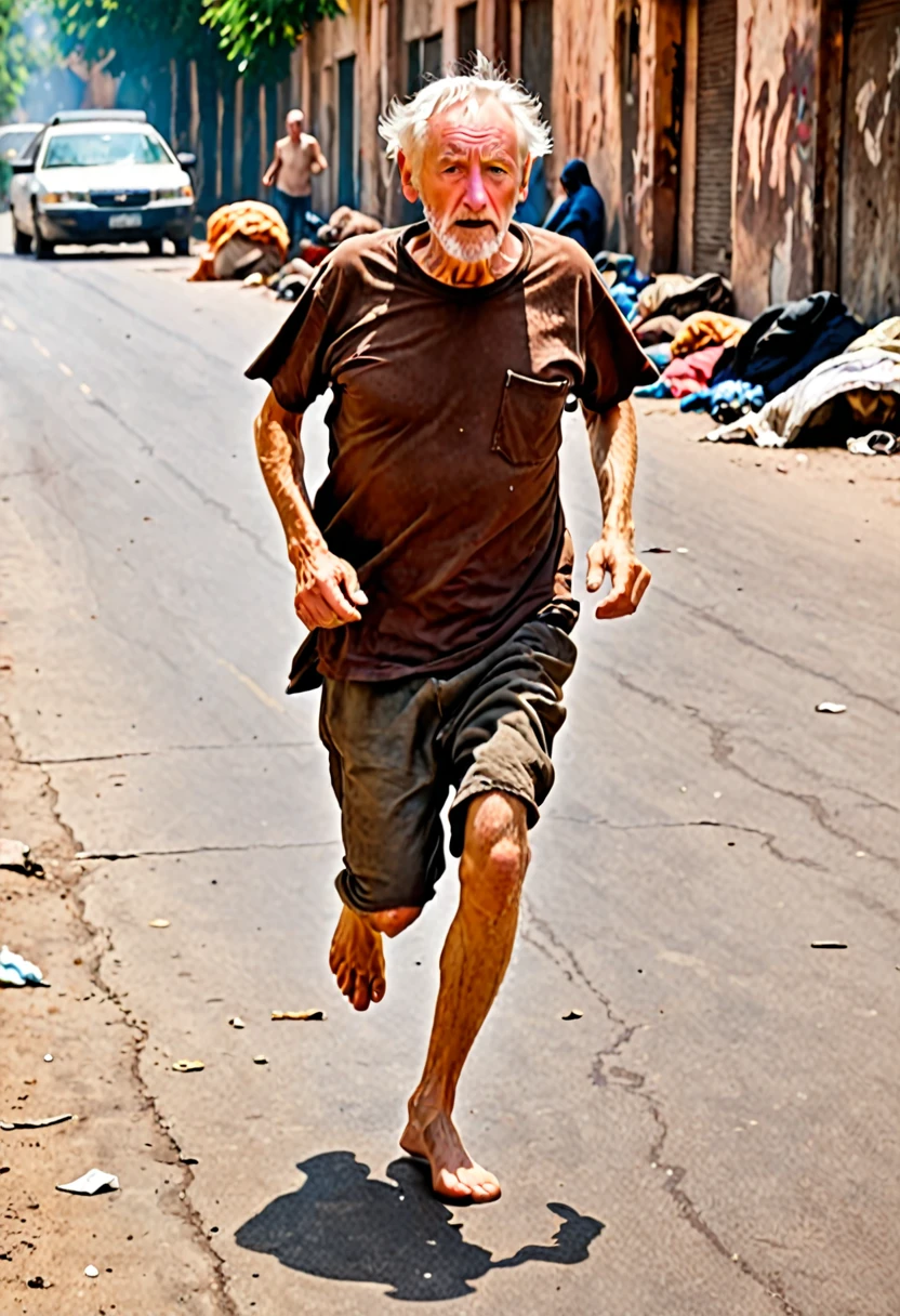 1 homeless old white man running, with brown t-shirt in rags, barefoot, in hell