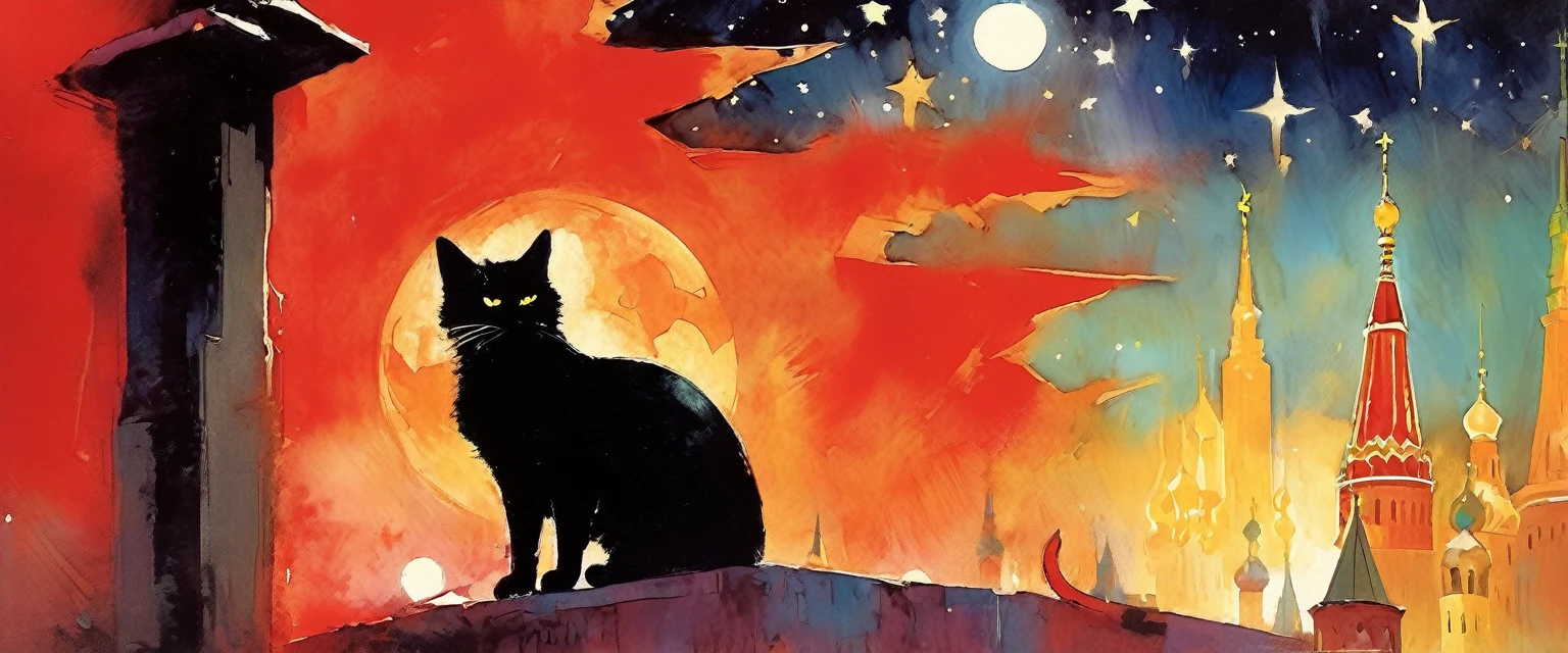 1communist cat, red star, magic, fantastic, night sky, moon, stars, background, Moscow (art inspired in Bill Sienkiewicz). oil painting)