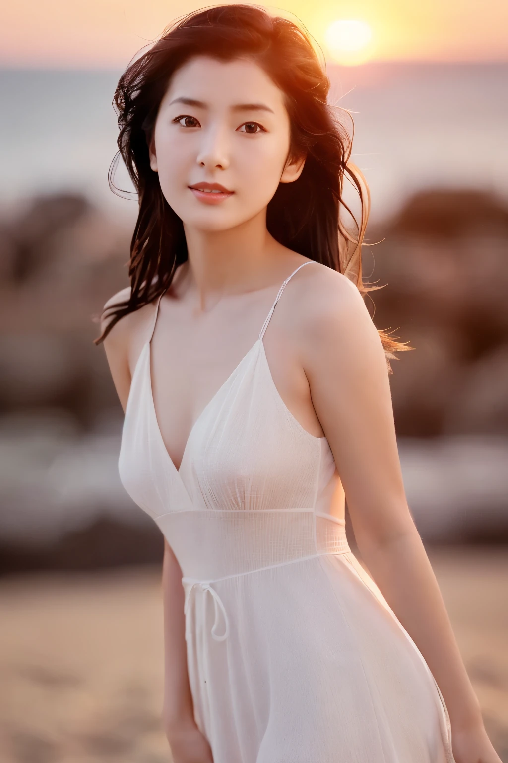 Create a high-quality, hyper-realistic portrait of a very beautiful Japanese idol. She is wearing a clean white summer dress and is squatting on the beach during sunset at sea. The deep indigo of the night sky contrasts with the last vestiges of crimson near the horizon, with swaying waves in the background. The girl has semi-long hair and a slender body with small breasts. The photo should capture her with detailed eyes, a detailed face, and a beautiful, sophisticated nose. The image should have a realistic, delicate, and finely detailed quality, suitable for a fashion magazine cover. Use cinema lighting and soft light to enhance her features. Ensure the photo is of the highest quality, with a resolution of 8K, making it perfect for a 2K wallpaper.