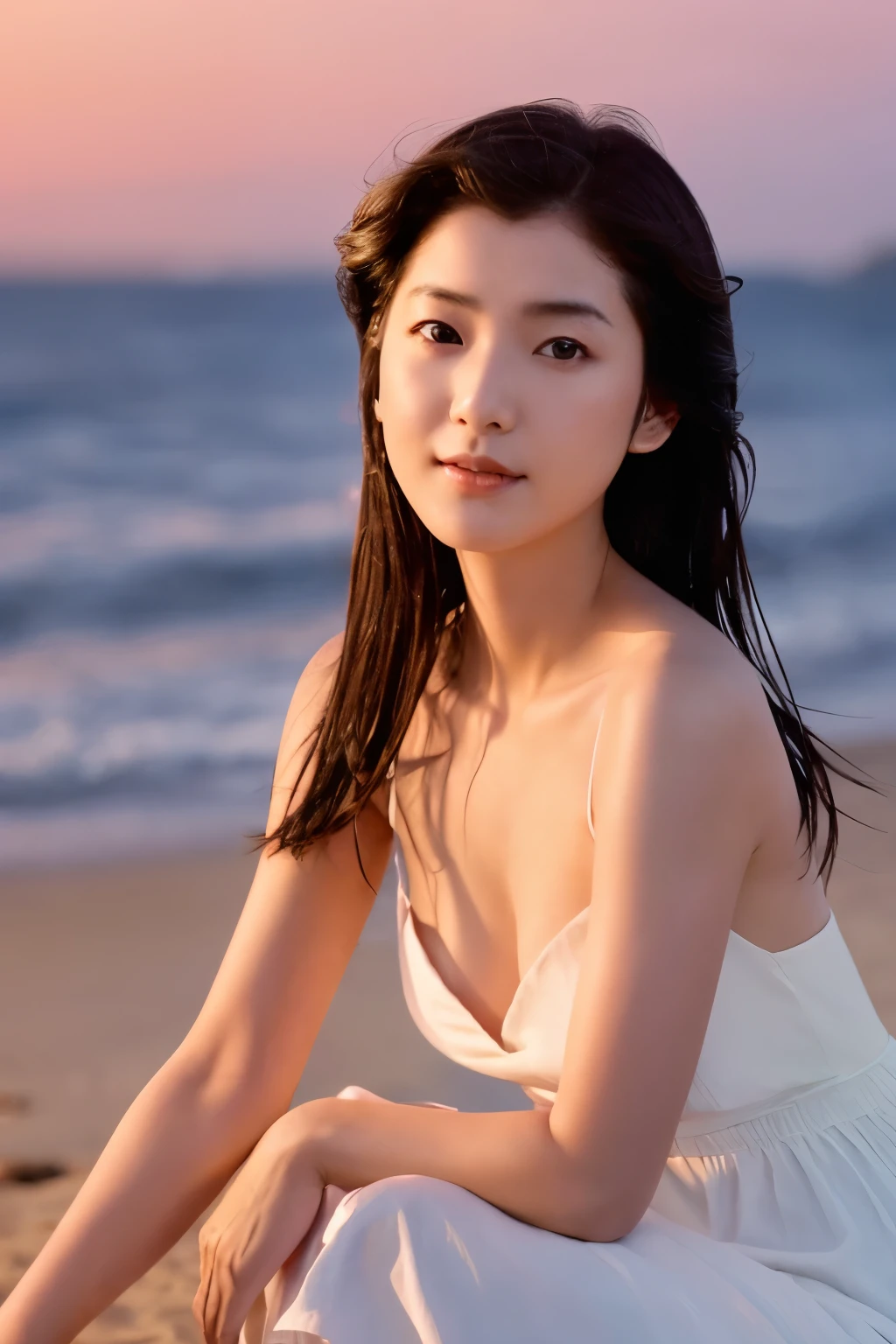 Create a high-quality, hyper-realistic portrait of a very beautiful Japanese idol. She is wearing a clean white summer dress and is squatting on the beach during sunset at sea. The deep indigo of the night sky contrasts with the last vestiges of crimson near the horizon, with swaying waves in the background. The girl has semi-long hair and a slender body with small breasts. The photo should capture her with detailed eyes, a detailed face, and a beautiful, sophisticated nose. The image should have a realistic, delicate, and finely detailed quality, suitable for a fashion magazine cover. Use cinema lighting and soft light to enhance her features. Ensure the photo is of the highest quality, with a resolution of 8K, making it perfect for a 2K wallpaper.