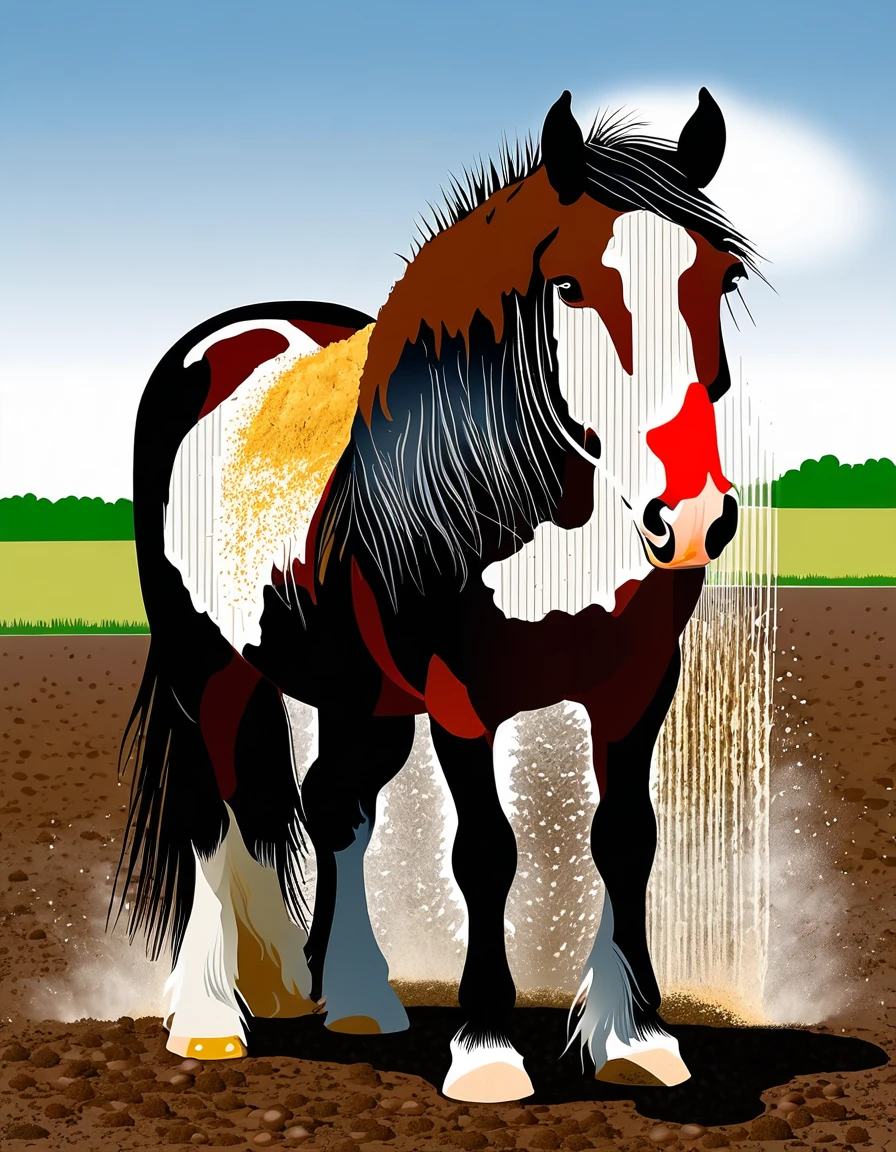 full rear(100) view of large fat wide hairy Shire horse stallion with lumps of horse dung pouring out of the centre of a big bum and sliding down legs. facing away from view point - towards horizon. wide open ?????? and anus in full view full of horse dung. tail to left side. ((masterpiece)), ((best quality)), ((highres)), ((extremely detailed)), ((close shot, back view)), (super realistic) . anatomically correct. horse surrounded by lumps of steaming dung. open field. bright sunny sky