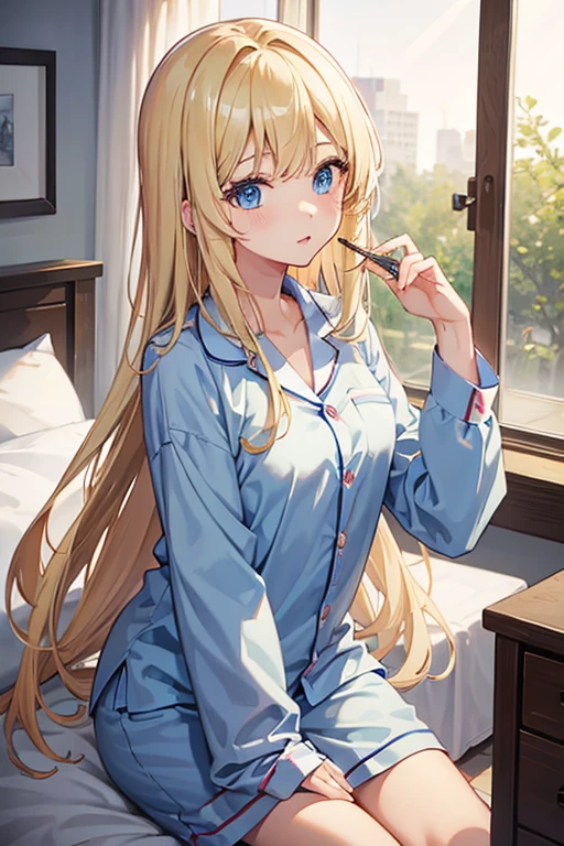 masterpiece, Highest quality, High resolution,Anime Style、blonde、Long Hair、blue eyes、pajamas