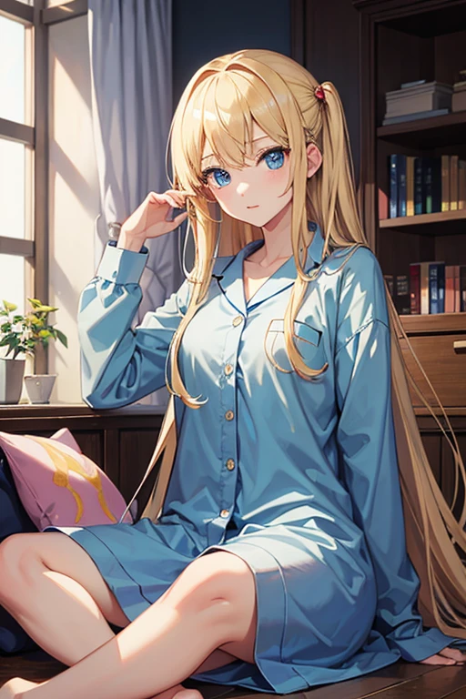 masterpiece, Highest quality, High resolution，Anime Style、blonde、Long Hair、blue eyes、pajamas