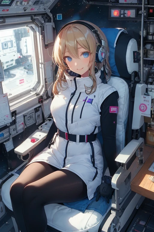 masterpiece, highest quality, high resolution, breasts, 20yo,1 girl,(solo):2,,blonde hair,(inside space station):2,flying:2,floatong:2,zero gravity,wind:1.5,anime lovelive style,
BREAK
headphone,(futurstic tight-fit bodysuit):2,(shiny silver long downvest):100,(northface silver metallic puffy downvest):2,(puffy):2,(black sleeves):5,(black tights):2,(black belt),futuristic boots and gloves,(smartwatch):100,astrovest
BREAK
1 girls, sitting in spacecraft cabin with 4-point seat belt, securely fastened, space station interior, looking out of large windows at Earth below, beautiful eyes, she have aluminum foil pouch,(aluminum foil pouch with plastic viewing window):2, contains nutritious liquid or puree together, smiling and chatting, bright and cheerful expressions, high quality cinematic lighting, detailed textures, sharp focus,blue hair,blue eyes,