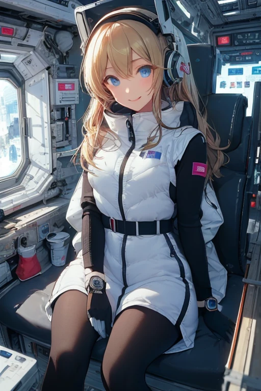 masterpiece, highest quality, high resolution, breasts, 20yo,1 girl,(solo):2,,blonde hair,(inside space station):2,flying:2,floatong:2,zero gravity,wind:1.5,anime lovelive style,

BREAK
headphone,(futurstic tight-fit bodysuit):2,(shiny silver long downvest):100,(northface silver metallic puffy downvest):2,(puffy):2,(black sleeves):5,(black tights):2,(black belt),futuristic boots and gloves,(smartwatch):100,astrovest
BREAK
1 girls, sitting in spacecraft cabin with 4-point seat belt, securely fastened, space station interior, looking out of large windows at Earth below, beautiful eyes, she have aluminum foil pouch,(aluminum foil pouch with plastic viewing window):2, contains nutritious liquid or puree together, smiling and chatting, bright and cheerful expressions, high quality cinematic lighting, detailed textures, sharp focus,blue hair,blue eyes,
