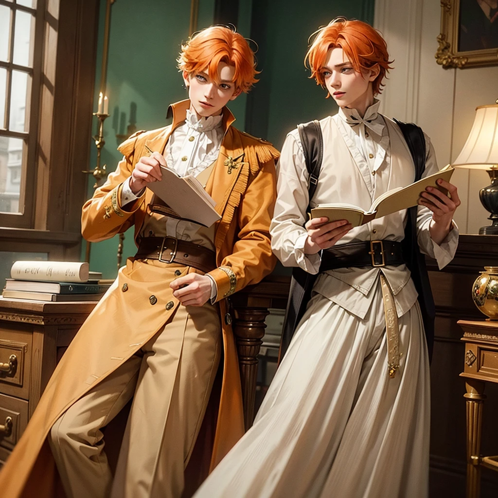 Fantasy prince orange hair and victorian beige clothes green eyes delicate scottish Effeminate reading