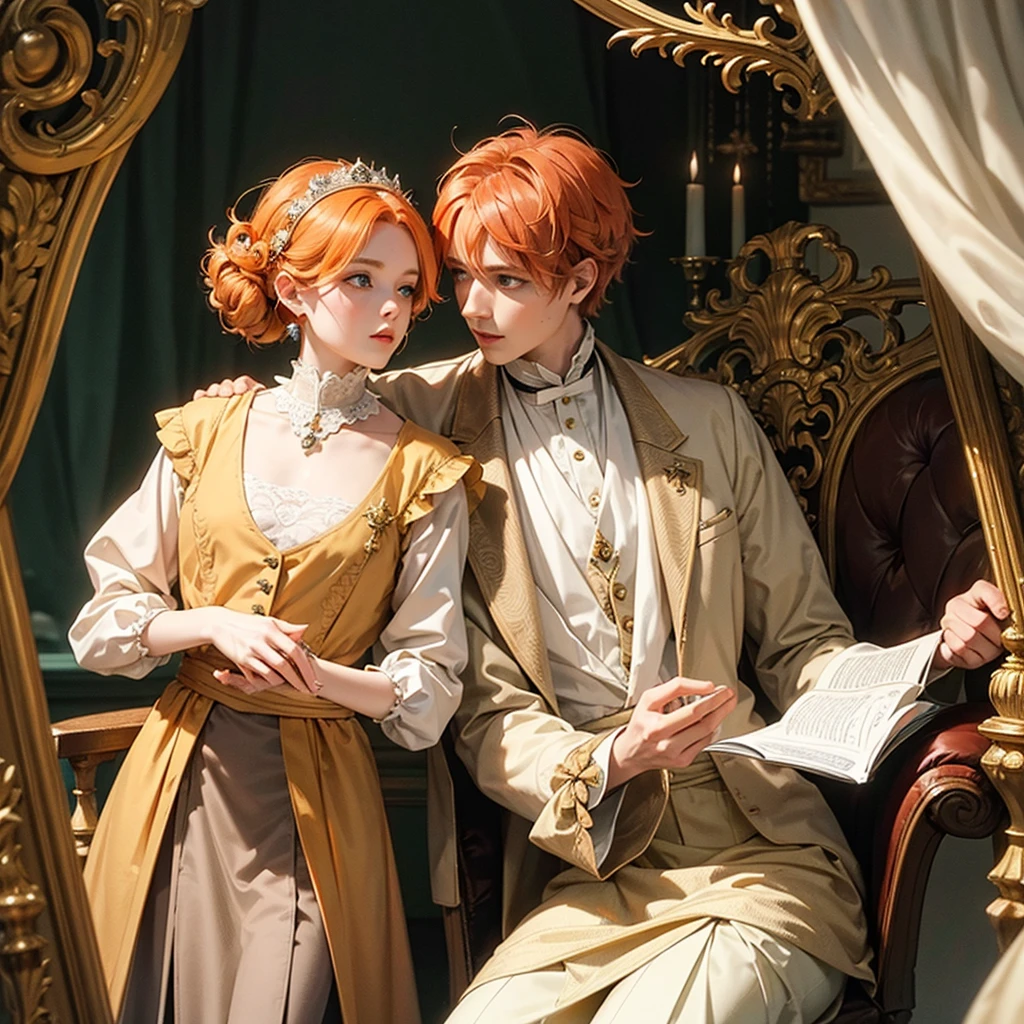 Fantasy prince orange hair and victorian beige clothes green eyes delicate scottish Effeminate reading