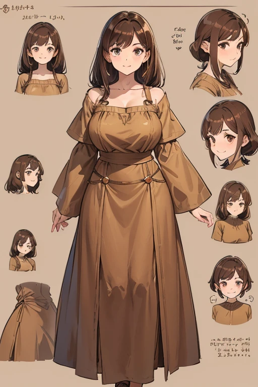 A straight haired brunette adult female wearing loose brown dress, warm brown colored shirt with low neckline and cuffed sleeves, medieval, brown hair, large long shaped tits, silly personalty, cute happy demeanor, sunny disposition, deredere, character sprite sheeet, reference sheet,