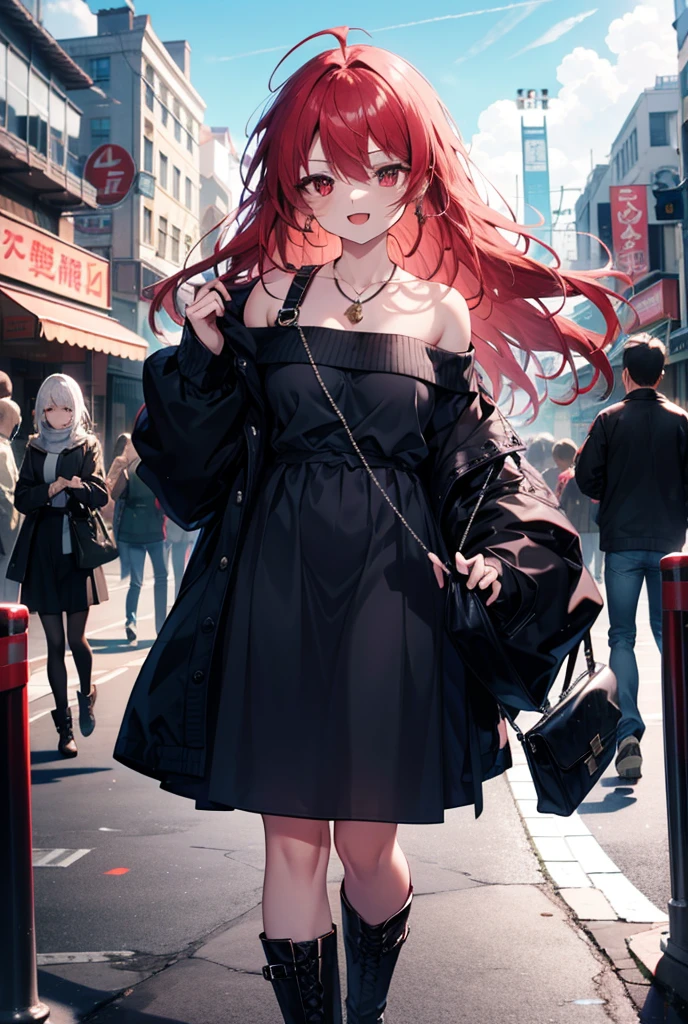 Shana,灼眼のShana,Long Hair, Red Hair, Red eyes,Ahoge,happy smile, smile, Open your mouth,Oversized off-the-shoulder sweater,Bare shoulders,bare clavicle,Bare neck,Locket Necklace,black long skirt,short boots,Daytime,sunny,Walking,whole bodyがイラストに入るように, break outdoors, Building district, break looking at viewer, whole body, break (masterpiece:1.2), Highest quality, High resolution, unity 8k wallpaper, (shape:0.8), (Beautiful attention to detail:1.6), Highly detailed face, Perfect lighting, Highly detailed CG, (Perfect hands, Perfect Anatomy),