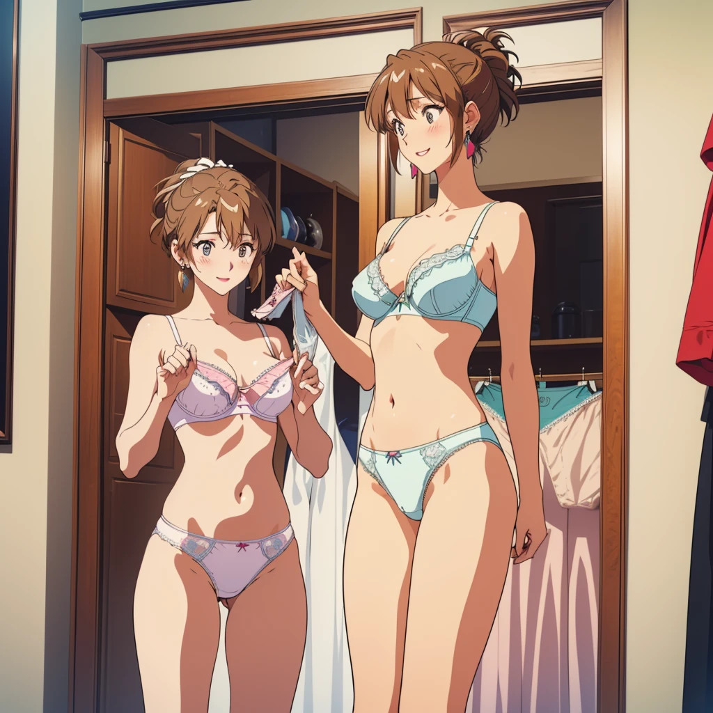 masterpiece, top quality, ultra detailed, ((((AIKA_SUMERAGI, folded ponytail, best anatomy, in underwear, (panties, elaborately designed luxury panties for adults, panties high definition images, draw panties with super precision), lace trimmed bra, extremely detailed texture, earrings, red lip, embarrassed, blush, smile)))), cowboy shot, (((underwear in bed room))), white skin, (presenting panties), (display panties),holding panties with both hands,(panties taken off:1.5)