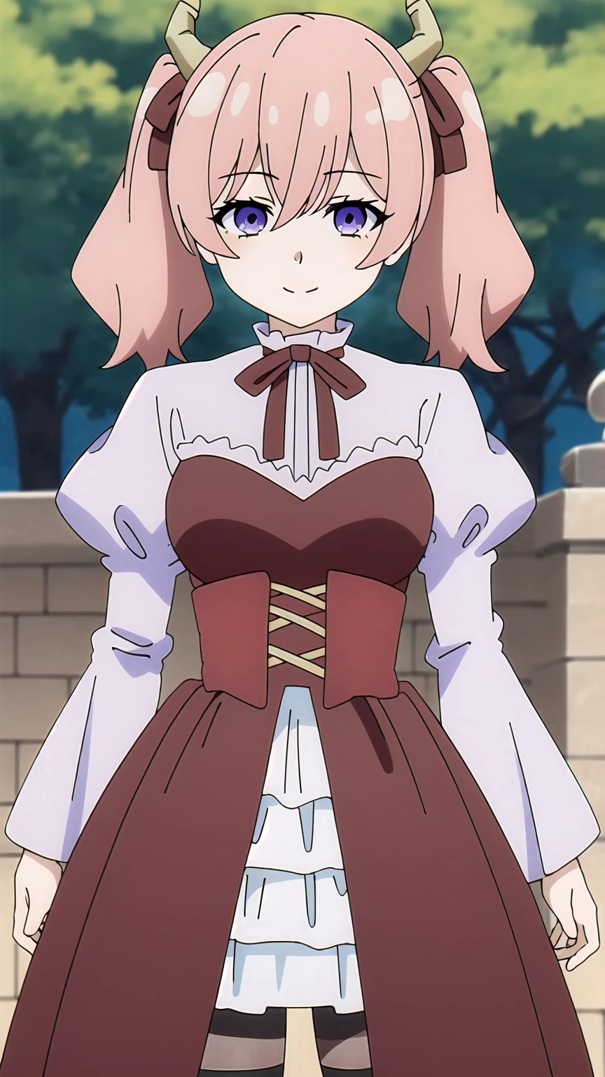 line eye,One girl,alone,Short Twin Tails,Hair between the eyes,Pink Hair,Medium Hair,Devil horns,Dark red hair ribbon,Pointed Ears,Purple eyes,smile,
Ruffled shirt collar,Dark red choker,White frill shirt,Juliet Sleeve,Long sleeve,Dark red neck ribbon,Dark red dress,White ruffle dress,Layered Dresses,Brown corset,Striped pantyhose,
Mary Jane,Outdoor,, 素晴らdeathいビジュアル, High resolution,masterpiece,Highest quality,素晴らdeathいビジュアル,High resolution,masterpiece,Highest quality,18-year-old,young woman,美deathい指,美deathい長い脚,美deathい体,美deathいキャラクターデザイン,Esbian all over、  Cowboy Shot、Purple Loafers、Leg fetish、Long legs、Long legs、death