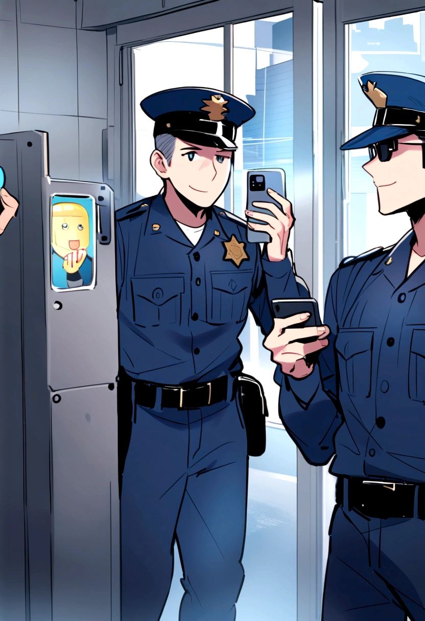 Standalone cell phone, police officers with artificial intelligence , friendly looking,