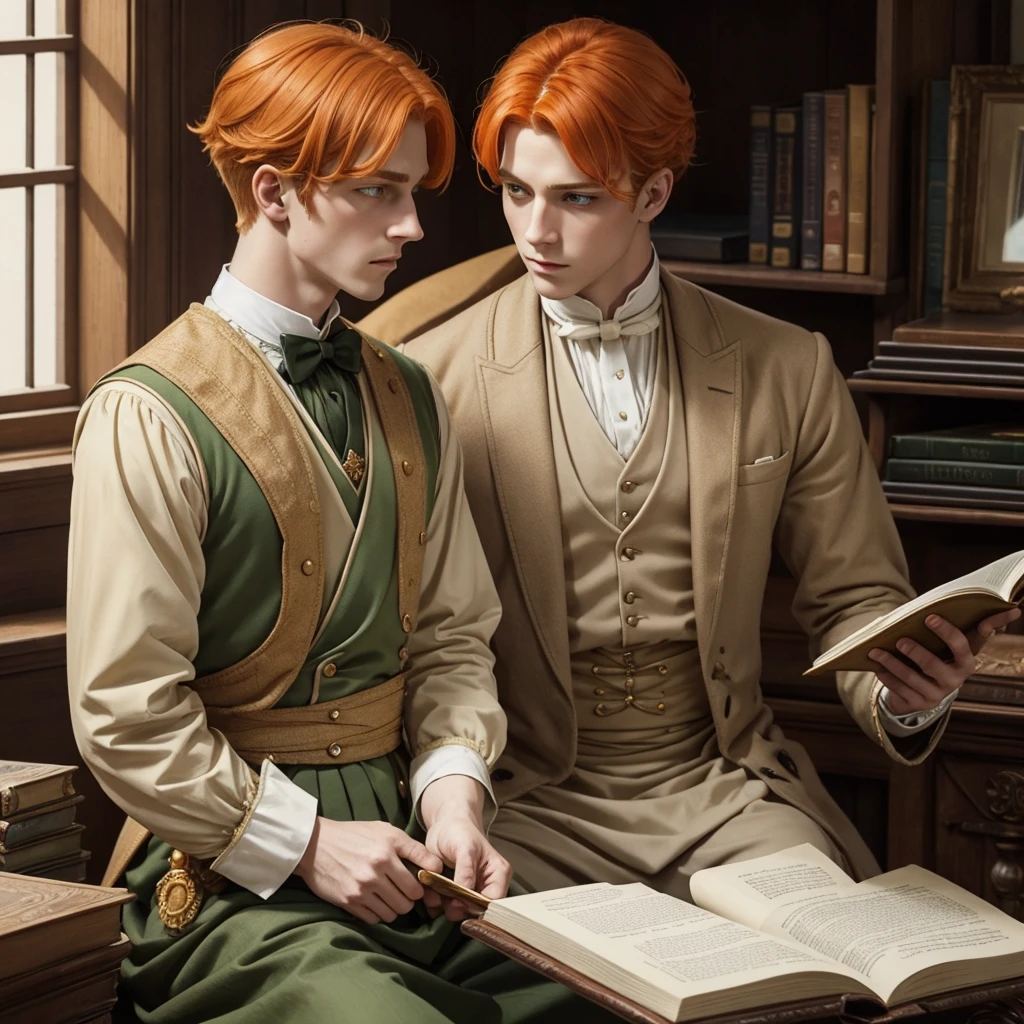 Fantasy prince orange hair and victorian beige clothes green eyes delicate scottish Effeminate reading