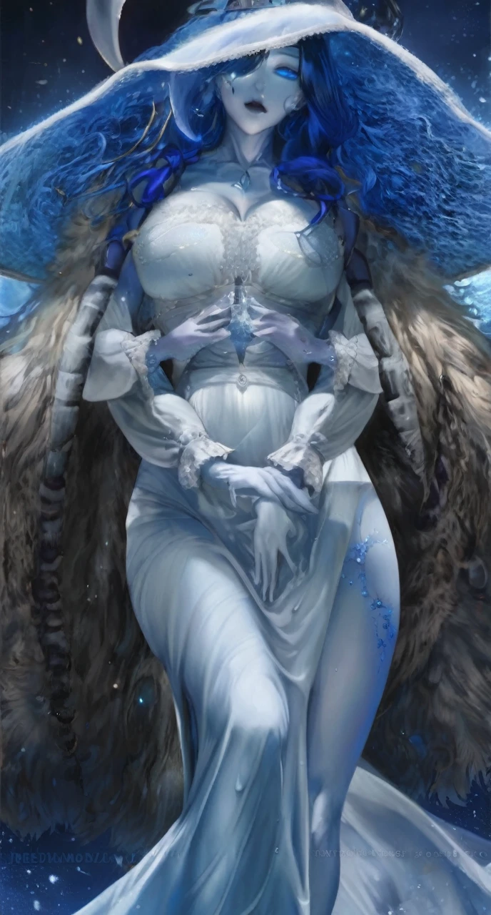 Back visible, butt visible, blue skin, dark blue hair, four arms, buttplug, blind in one eye