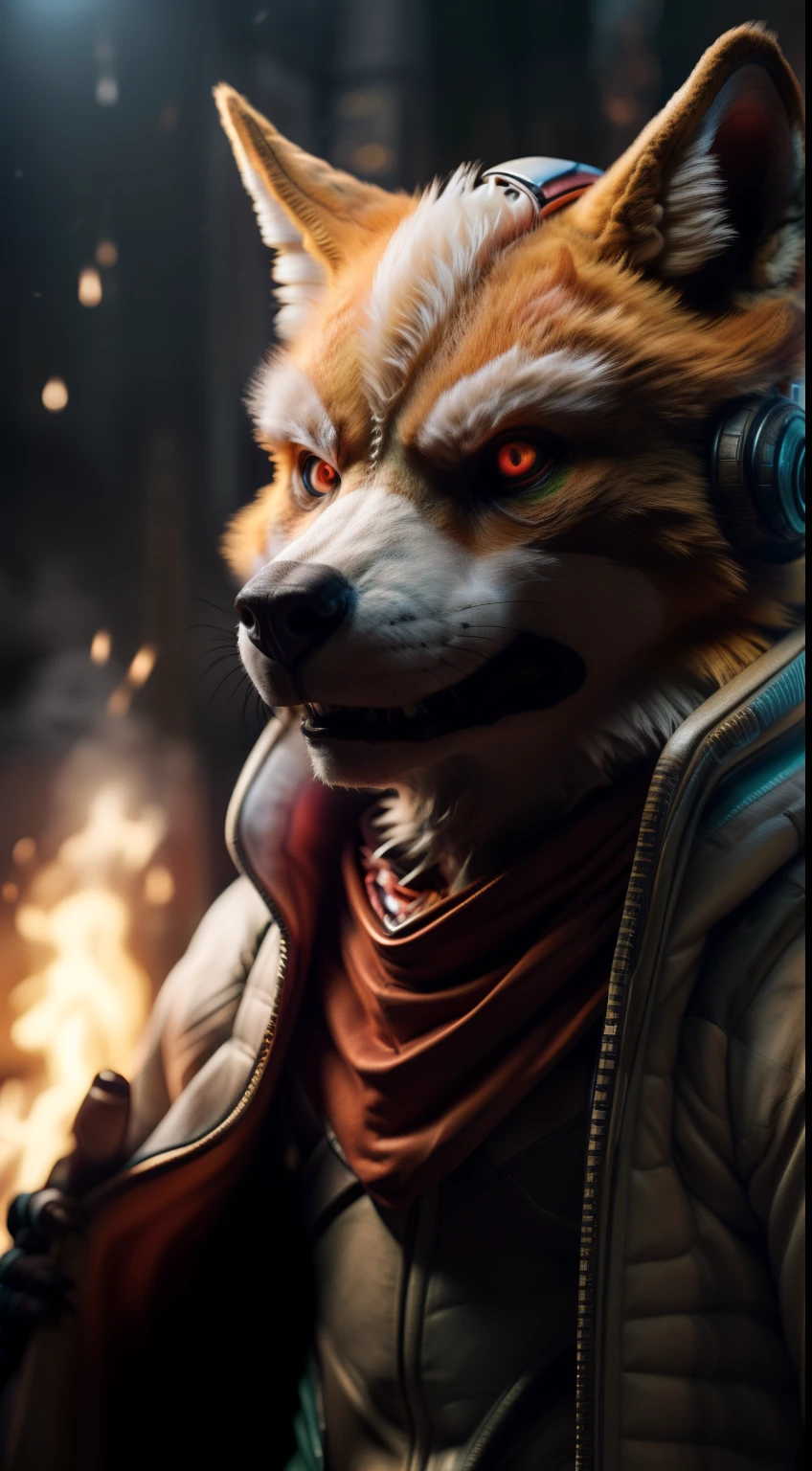 (Highest quality,16K,32k,High resolution,masterpiece:1.2),Super detailed,(Realistic,photoRealistic,photo-Realistic:1.37),(Ultimate Orochi Fox McCloud) glowing red eyes Realistic fire background of totally destroyed Japan alone looking at the camera serious expression brave and confident wearing a red hood cape