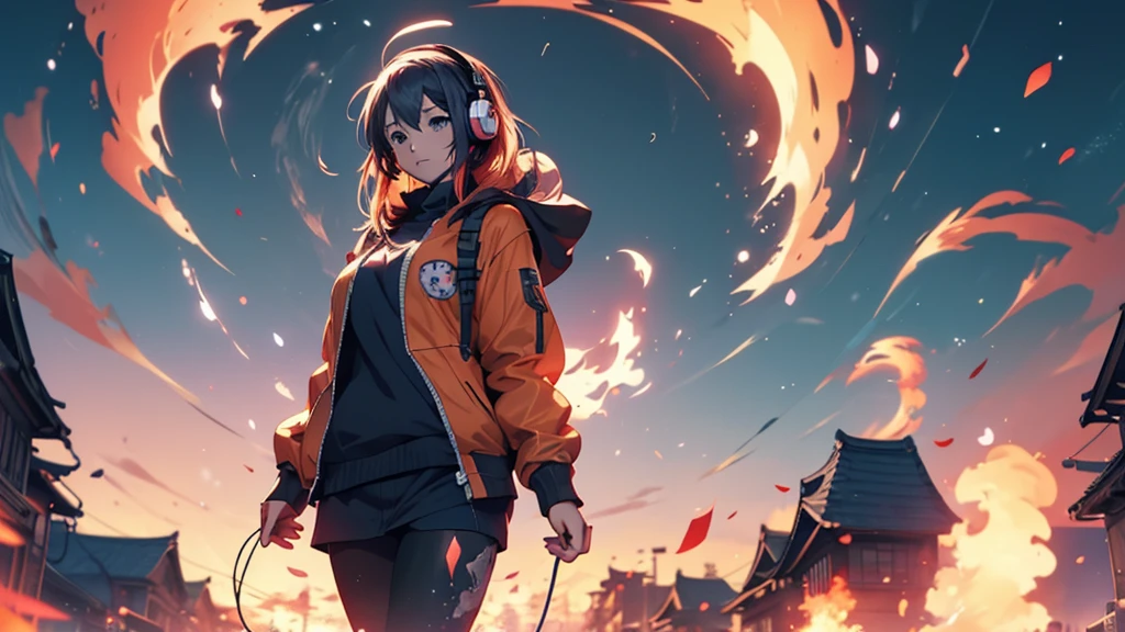 Woman wearing headphones, Anime Style 4 k, anime wallpaper 4k, anime wallpaper 4k, 4k anime wallpaper, anime art wallpaper 4k, anime art wallpaper 4k, Anime Style. 8K, Anime atmosphere, , Ultra HD Anime Wallpaper, Anime Art Wallpaper 8K, Anime Background,landscape、far away、Bonfire