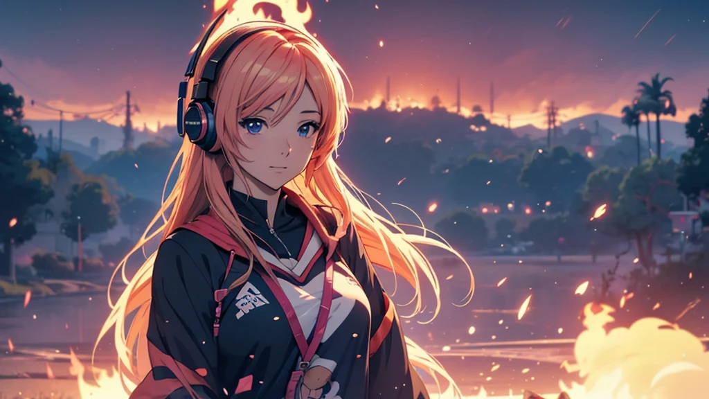 Woman wearing headphones, Anime Style 4 k, anime wallpaper 4k, anime wallpaper 4k, 4k anime wallpaper, anime art wallpaper 4k, anime art wallpaper 4k, Anime Style. 8K, Anime atmosphere, , Ultra HD Anime Wallpaper, Anime Art Wallpaper 8K, Anime Background,landscape、far away、Bonfire