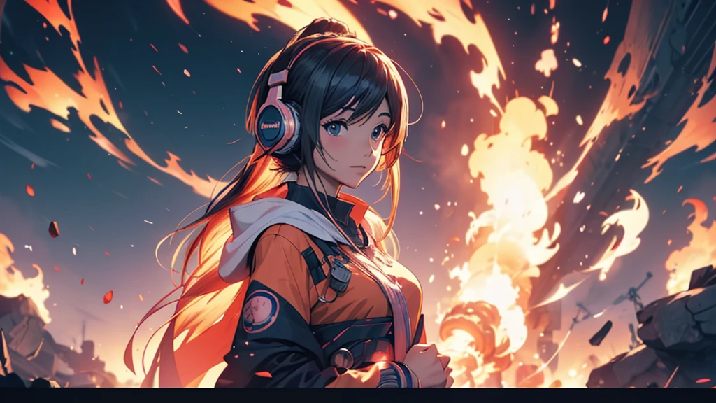 Woman wearing headphones, Anime Style 4 k, anime wallpaper 4k, anime wallpaper 4k, 4k anime wallpaper, anime art wallpaper 4k, anime art wallpaper 4k, Anime Style. 8K, Anime atmosphere, , Ultra HD Anime Wallpaper, Anime Art Wallpaper 8K, Anime Background,landscape、far away、Bonfire