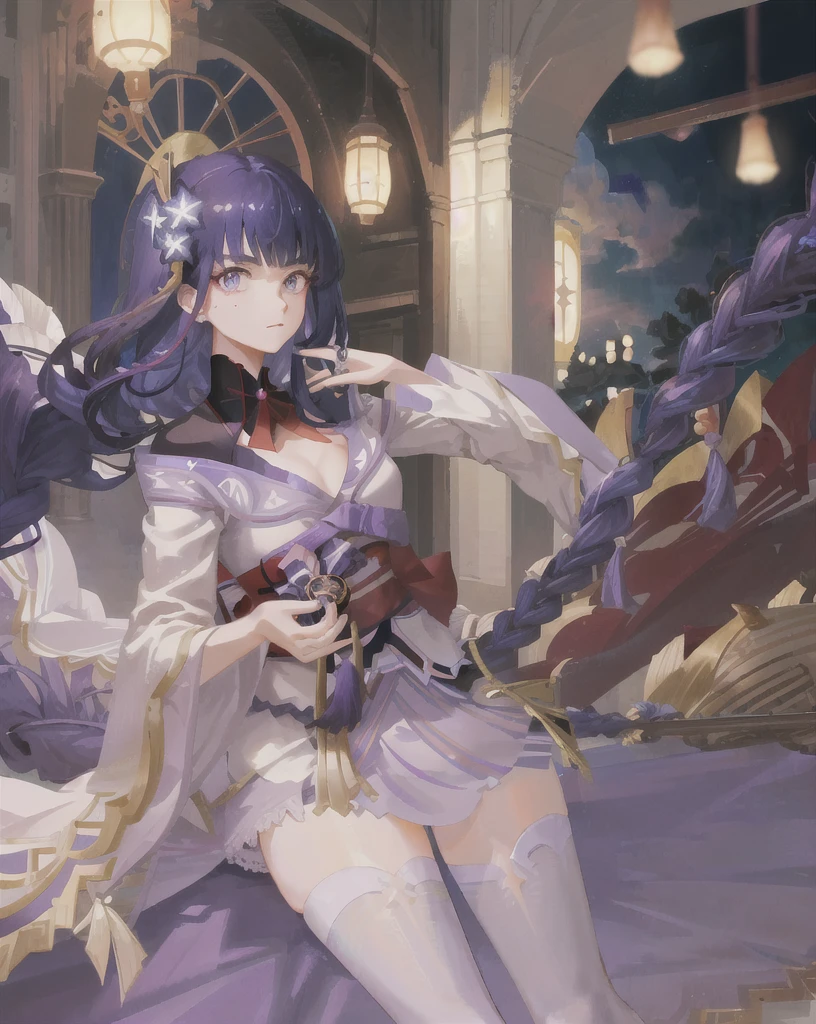 ((masterpiece)), ((high detail)), 1girl from kill la kill, ((ultra-detailed)), ((delicate face)), beautiful and delicate eyes, gradient hair, hair between the eyes, GSHead, 1girl, solo, purple hair, genshin_impact, black_background, look at the audience, Puff sleeves white purple long skirt, off-the-shoulders, waist seal, delicate fingers,