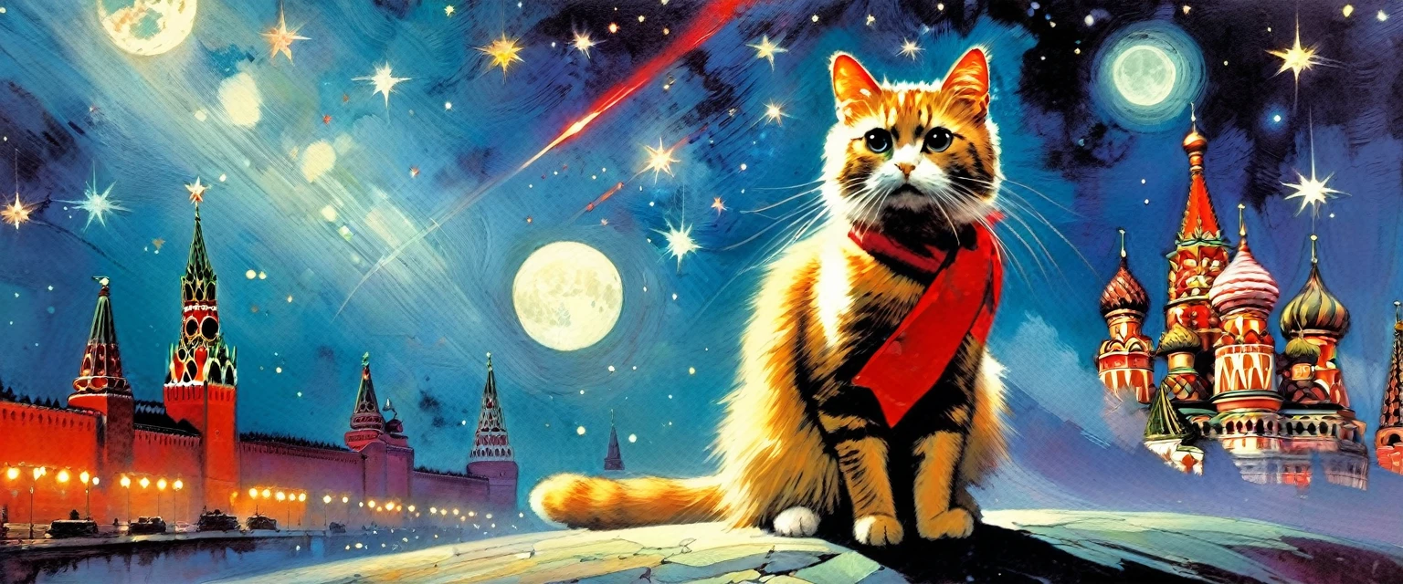 1communist cat, red star, magic, fantastic, night sky, moon, stars, background, Moscow (art inspired in Bill Sienkiewicz). oil painting)

