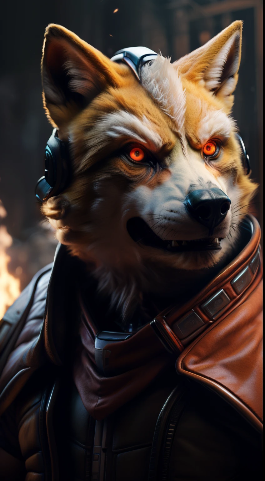 (Highest quality,16K,32k,High resolution,masterpiece:1.2),Super detailed,(Realistic,photoRealistic,photo-Realistic:1.37),(Ultimate Orochi Fox McCloud) glowing red eyes Realistic fire background of totally destroyed Japan alone looking at the camera serious expression brave and confident wearing a red hood cape