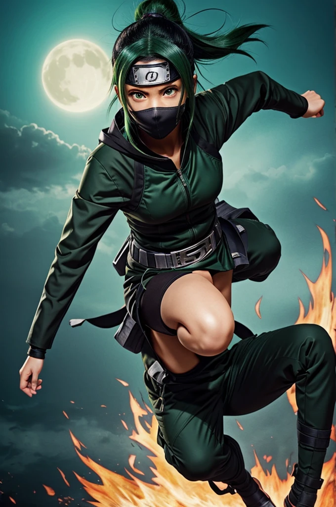 Create a girl with dark green hair and a ninja suit like the ones in the anime. "Naruto"