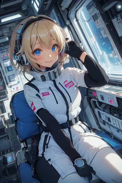 masterpiece, highest quality, high resolution, breasts, 20yo,1 girl,(solo):2,,blonde hair,(inside space station):2,flying:2,floatong:2,zero gravity,wind:1.5,anime lovelive style,

BREAK
headphone,(futurstic tight-fit bodysuit):2,(shiny silver long downvest):100,(northface silver metallic puffy downvest):2,(puffy):2,(black sleeves):5,(black tights):2,(black belt),futuristic boots and gloves,(smartwatch):100,astrovest
BREAK
1 girls, sitting in spacecraft cabin with 4-point seat belt, securely fastened, space station interior, looking out of large windows at Earth below, beautiful eyes, she have aluminum foil pouch,(aluminum foil pouch with plastic viewing window):2, contains nutritious liquid or puree together, smiling and chatting, bright and cheerful expressions, high quality cinematic lighting, detailed textures, sharp focus,blue hair,blue eyes,
