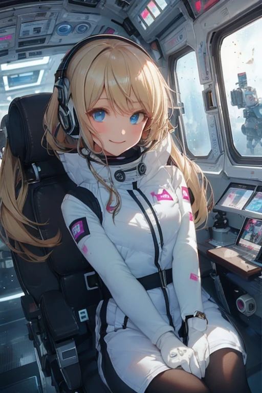 masterpiece, highest quality, high resolution, breasts, 20yo,1 girl,(solo):2,,blonde hair,(inside space station):2,flying:2,floatong:2,zero gravity,wind:1.5,anime lovelive style,
BREAK
headphone,(futurstic tight-fit bodysuit):2,(shiny silver long downvest):100,(northface silver metallic puffy downvest):2,(puffy):2,(black sleeves):5,(black tights):2,(black belt),futuristic boots and gloves,(smartwatch):100,astrovest
BREAK
1 girls, sitting in spacecraft cabin with 4-point seat belt, securely fastened, space station interior, looking out of large windows at Earth below, beautiful eyes, she have aluminum foil pouch,(aluminum foil pouch with plastic viewing window):2, contains nutritious liquid or puree together, smiling and chatting, bright and cheerful expressions, high quality cinematic lighting, detailed textures, sharp focus,blue hair,blue eyes,
