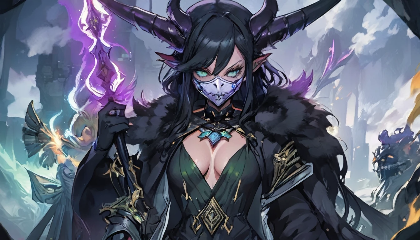 demon mask, sword on the hand,close up, black heavy detailed clothes, hand katana, art, dark and malevolent, hand sword, armor, powerful and intimidating, (masterpiece, best quality, ultra-detailed, best shadow), (detailed background, dark fantasy) dramatic light, intricate details, dark and malevolent, powerful and intimidating, Dark and foreboding, malevolent force, sinister and chilling, armor, high detailed background, girl in demon slayer art, demon slayer art style, epic anime art, God death