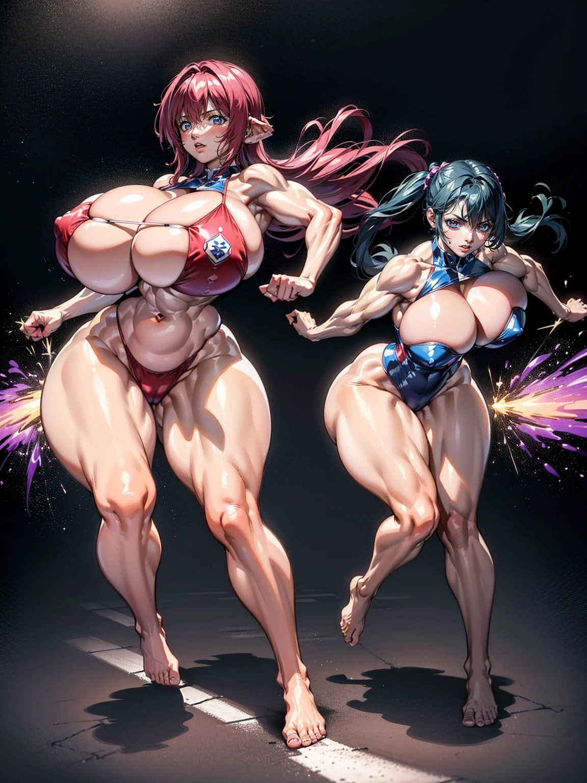 (Private 4K)、(High resolution:1.2)、(High freshness:1.2)、、(Whole Body Ezbian:1.2)、(Two Women:1.6)、((Women with exaggerated large physiques))、(Huge breasts with intense movements:1.2)、abnormally developed muscles,,Barefoot woman, , Big arms、(Huge muscles:1.4)、(Dynamic pose:1.2)、(Woman running with all her might:1.6)