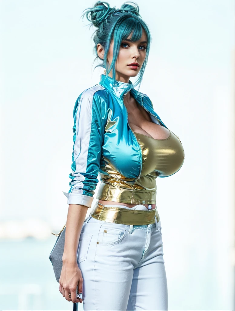 adult french milf woman with cyan blue,hair bun, double bun, hair bun,cyan blue Crop jacket, big breast, gold t-Shirt, white Jeans,standing