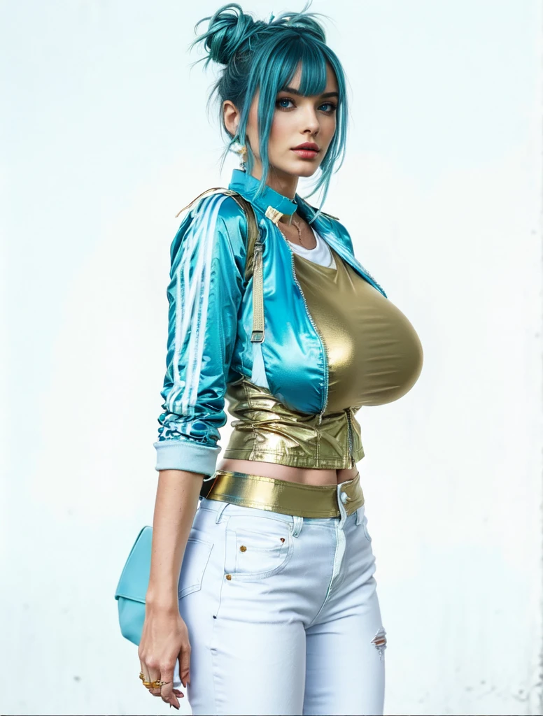  french milf woman with cyan blue,hair bun, double bun, hair bun,cyan blue Crop jacket, big breast, gold t-Shirt, white Jeans,standing 
