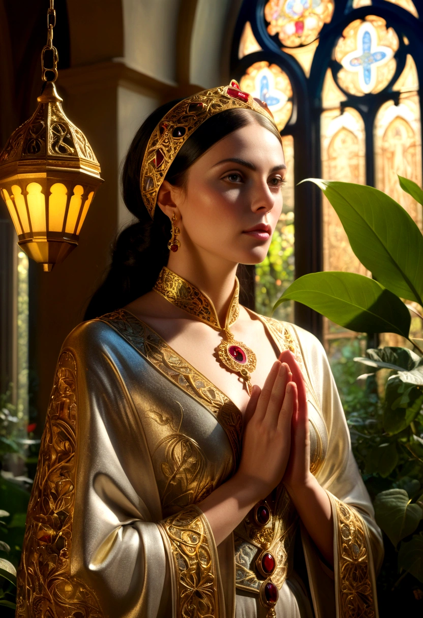 a beautiful detailed woman in a garden, intricate floral patterns, lush foliage, golden light, cinematic composition, smooth brushstrokes, rich color palette, dramatic lighting, photorealistic, masterpiece, (best quality, 8k, highres, HDR, photorealistic, extremely detailed:1.2), (hyper realistic, studio lighting, ultra-fine details:1.3), ornate architecture, (intricate gothic details:1.1), sacred geometry, symbolism, mystical, esoteric, metaphysical, spiritual, (La Santisima Trinosofia, esoteric symbolism:1.2)