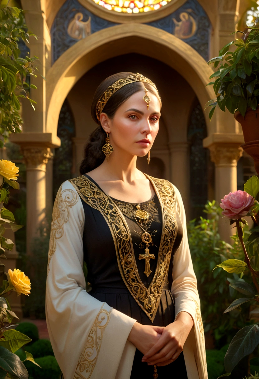 a beautiful detailed woman in a garden, intricate floral patterns, lush foliage, golden light, cinematic composition, smooth brushstrokes, rich color palette, dramatic lighting, photorealistic, masterpiece, (best quality, 8k, highres, HDR, photorealistic, extremely detailed:1.2), (hyper realistic, studio lighting, ultra-fine details:1.3), ornate architecture, (intricate gothic details:1.1), sacred geometry, symbolism, mystical, esoteric, metaphysical, spiritual, (La Santisima Trinosofia, esoteric symbolism:1.2)