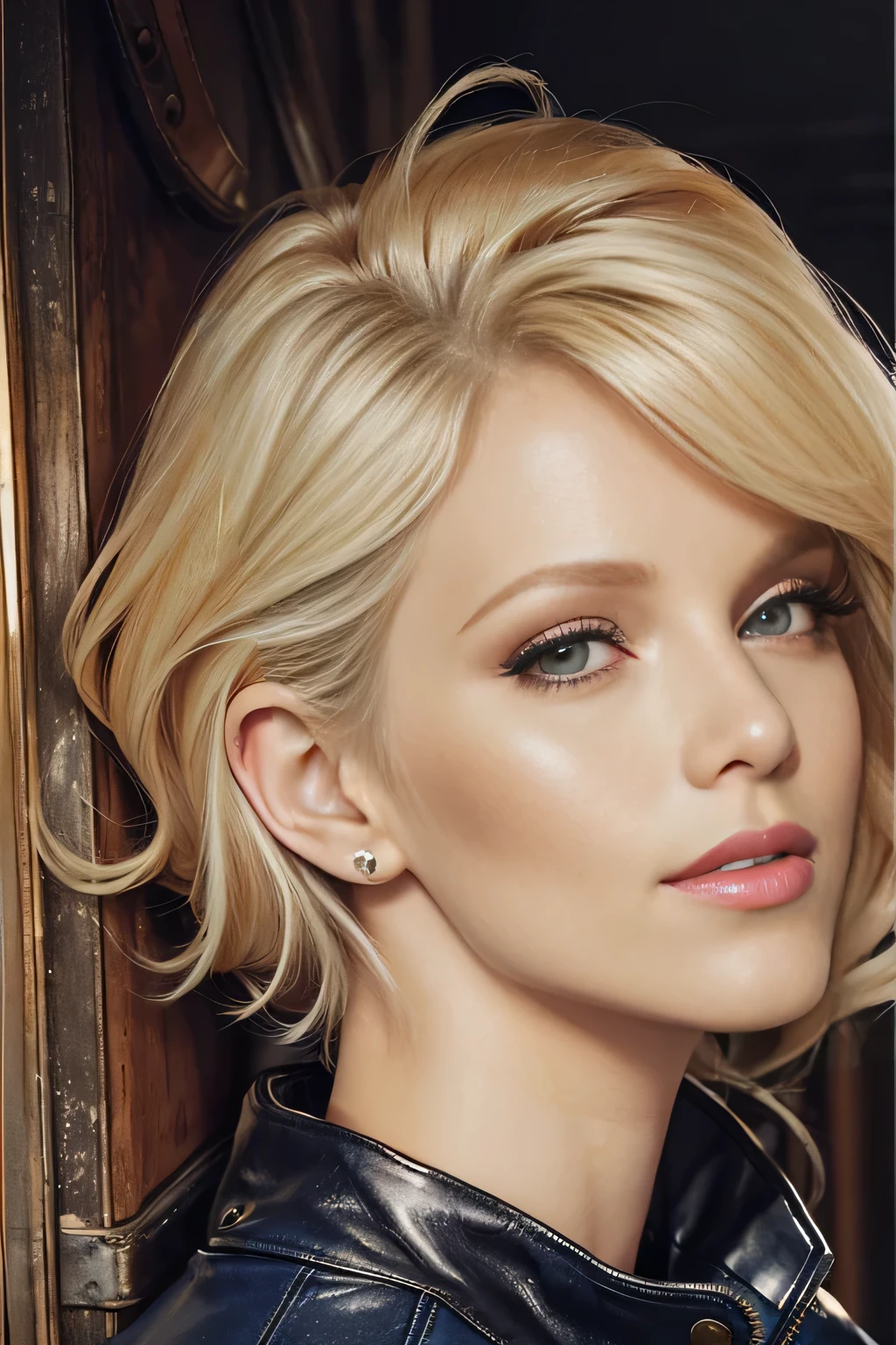 blond woman with short wavy hair, ((wearing black lingerie)), posing for a picture, blonde short wavy hair, short blonde hair, short blond hair, short blond hair, blonde and attractive features, blond bob haircut, a gorgeous blonde, medium short hair, short curly blonde haired girl, with short hair, a girl with blonde hair, short wavy blonde hair with bangs. ((Deep green eyes, extremely long eyelashes)). Make-up. Kelly Von East. EDGBODYL. Wearing edgbodyl lingerie.