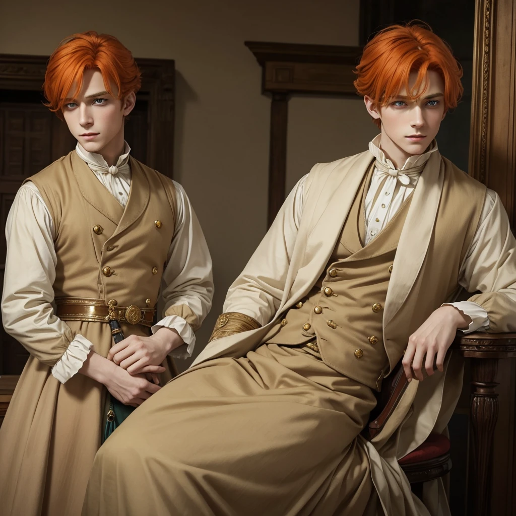 Fantasy prince orange hair and victorian beige clothes green eyes delicate scottish Effeminate