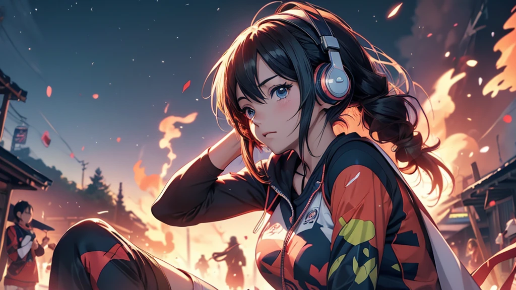 Woman wearing headphones, Anime Style 4 k, anime wallpaper 4k, anime wallpaper 4k, 4k anime wallpaper, anime art wallpaper 4k, anime art wallpaper 4k, Anime Style. 8K, Anime atmosphere, , Ultra HD Anime Wallpaper, Anime Art Wallpaper 8K, Anime Background,landscape、camp、Bonfire