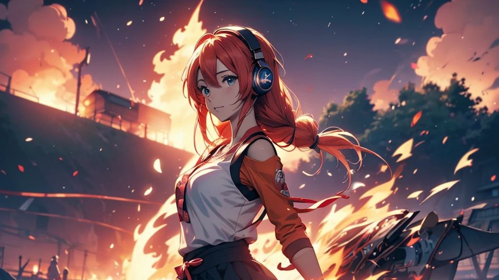 Woman wearing headphones, Anime Style 4 k, anime wallpaper 4k, anime wallpaper 4k, 4k anime wallpaper, anime art wallpaper 4k, anime art wallpaper 4k, Anime Style. 8K, Anime atmosphere, , Ultra HD Anime Wallpaper, Anime Art Wallpaper 8K, Anime Background,landscape、camp、Bonfire