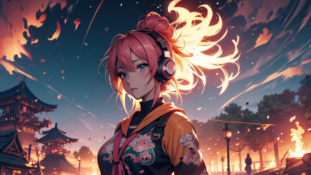 Woman wearing headphones, Anime Style 4 k, anime wallpaper 4k, anime wallpaper 4k, 4k anime wallpaper, anime art wallpaper 4k, anime art wallpaper 4k, Anime Style. 8K, Anime atmosphere, , Ultra HD Anime Wallpaper, Anime Art Wallpaper 8K, Anime Background,landscape、camp、Bonfire