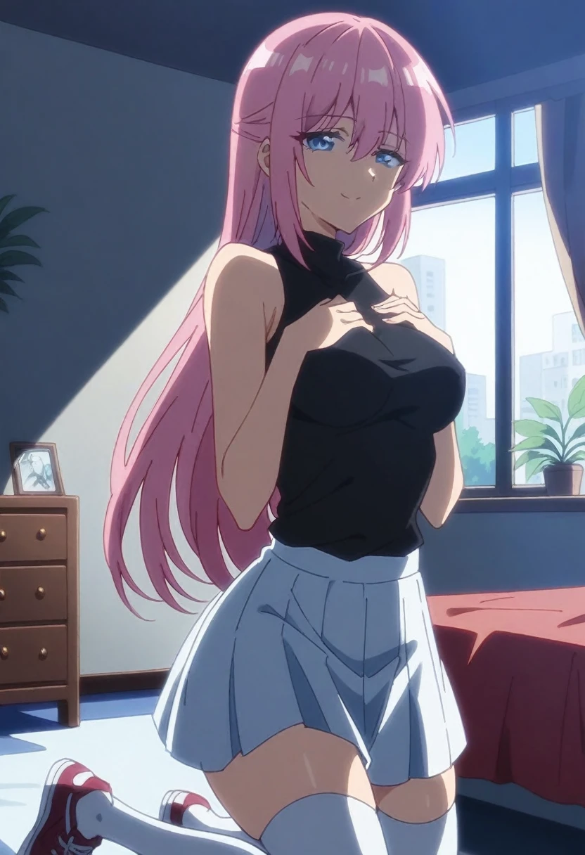 anime art style, 2d, masterpiece, best quality, very aesthetic, absurdres, dynamic shadows, atmosferic, shikimorisan, (1girl), pink hair, long hair, blue eyes, narrowed eyes, detailed eyes, hair between eyes, bangs, medium breasts, makeup, curvy body, sexy, turtleneck shirt, black shirt, white skirt, pleated skirt, white thighhighs, see-throught thighhighs, bare shoulders, bare arms, sneakers, smile, ((cowboy shot)), (((hands on own chest))), (kneeling), (from side), (bed), (furniture), (plants), (indoors), (window), (looking at viewer:1.0)